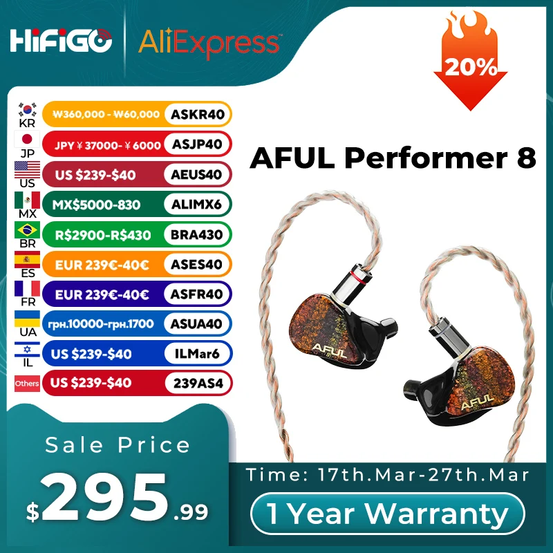 AFUL Performer 8/Performer8 Hybrid Drivers Wired Earphones 1DD+ 7BA in-Ear Monitors HiFi Stage Studio Audiophile Headphones IEMs