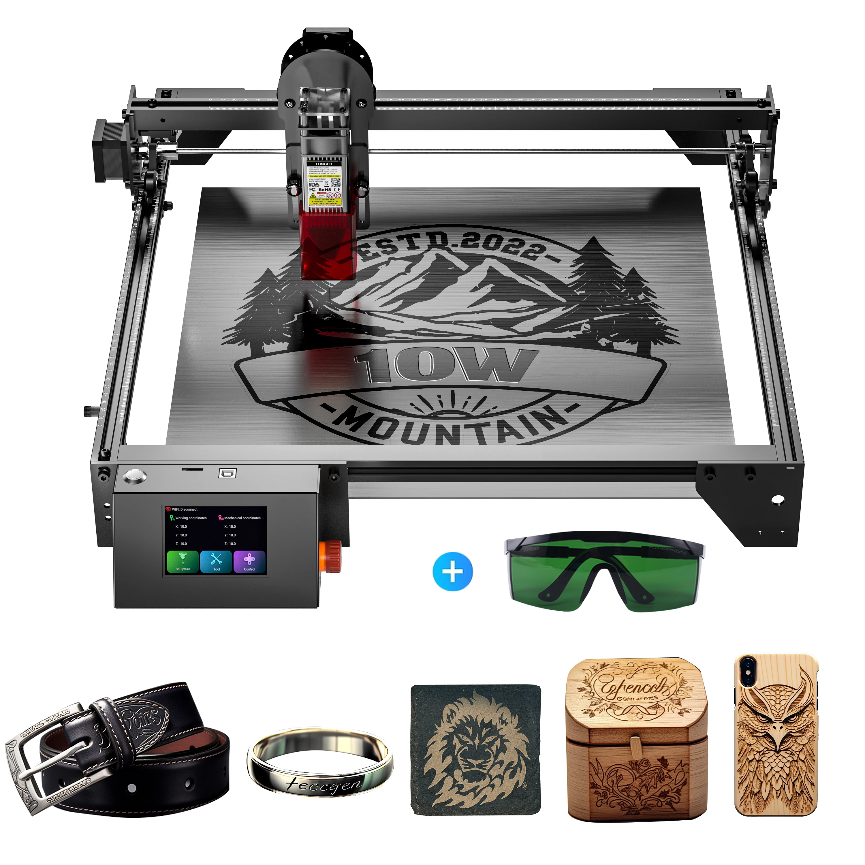 LONGER RAY5 Graveur & Découpeur Laser 20W 10W 5W 400 × 400 mm avec WiFi et écran tactile, machine de gravure laser pour bois, acrylique, cuir et métal
