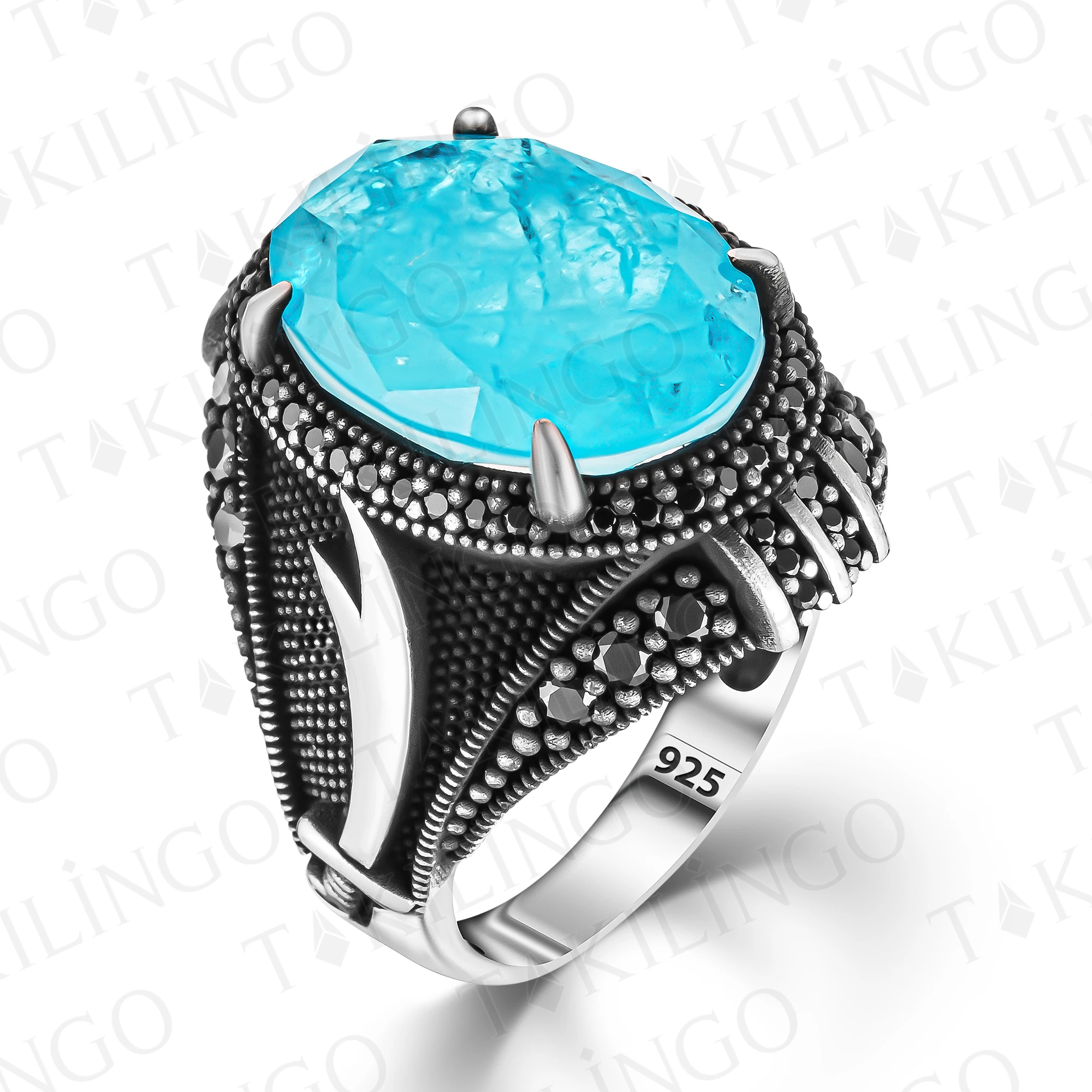 S925 Sterling Silver Blue Paraiba Stone Men's Ring Zulfiqar Sword Imam Ali Turkish Handmade Religious Ring