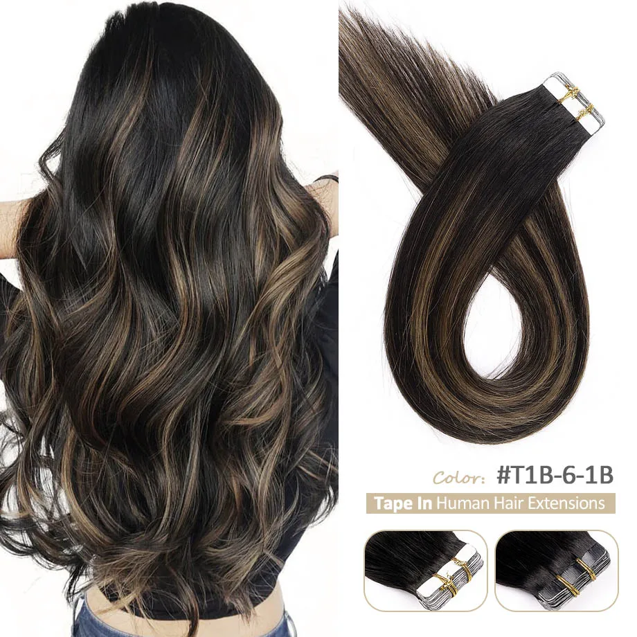 Tape in Hair Extensions Human Hair Balayage Natural Black Highlighted Chestnut Brown 20pcs 50g Remy Tape in Human Hair Extension