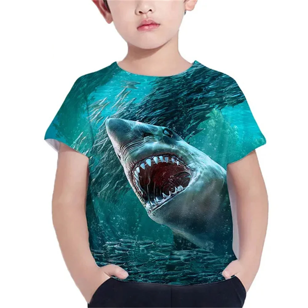 Shark Tshirt Kids Clothes Summer Animals Blue Sea T-Shirt For Boy Tee Shirt Children Top 2023 Short Sleeve 3d Print Girls Tees