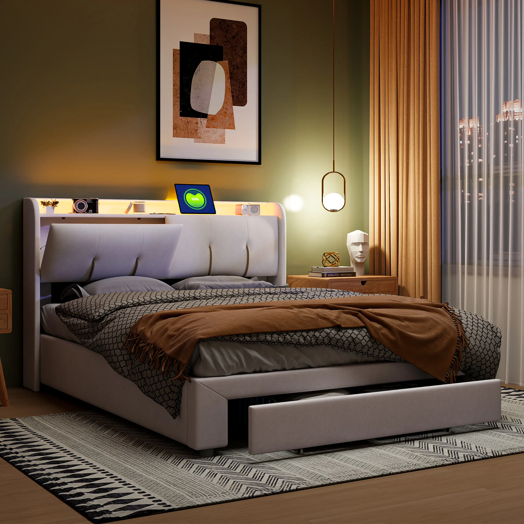 ROSAHQNDA Letto imbottito con contenitore, letto matrimoniale LED con porte USB, letto box, con contenitore, tessuto velluto, senza materasso