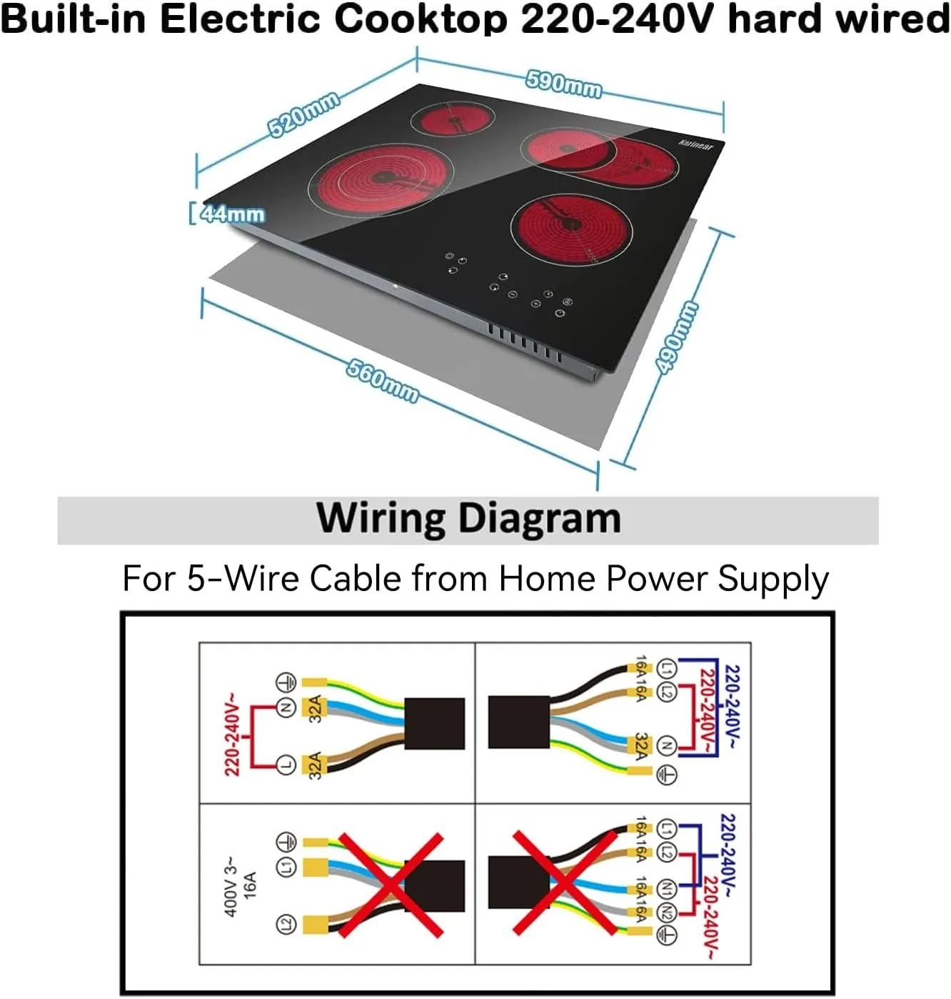 موقد سيراميك كارينيير مع شعلات مدمجة ، مناطق مزدوجة قابلة للتوسيع ، طاولة كهربائية مدمجة ، تحكم باللمس ، مؤقت ، 4 شعلات #5
