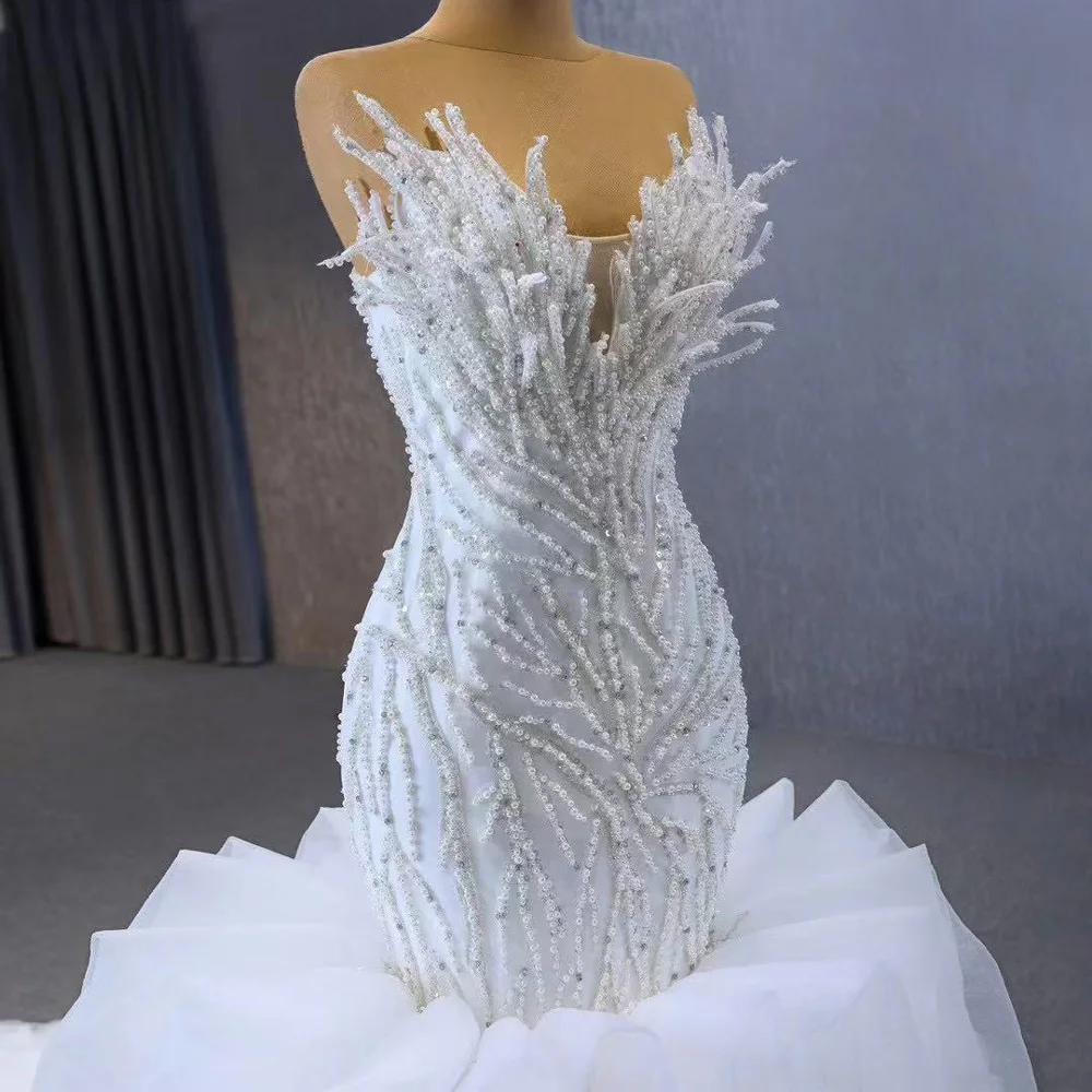 فستان زفاف فاخر على شكل قلب بدون أكمام وكشكشة وأربطة من الخلف مطرز بالخرز فستان الزفاف فستان الزفاف