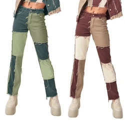 2026 New Women's Mid Waist Stitching Color Jeans Fashion High Stretch Raw Edge Denim Straight Leg Pants Casual Clothing