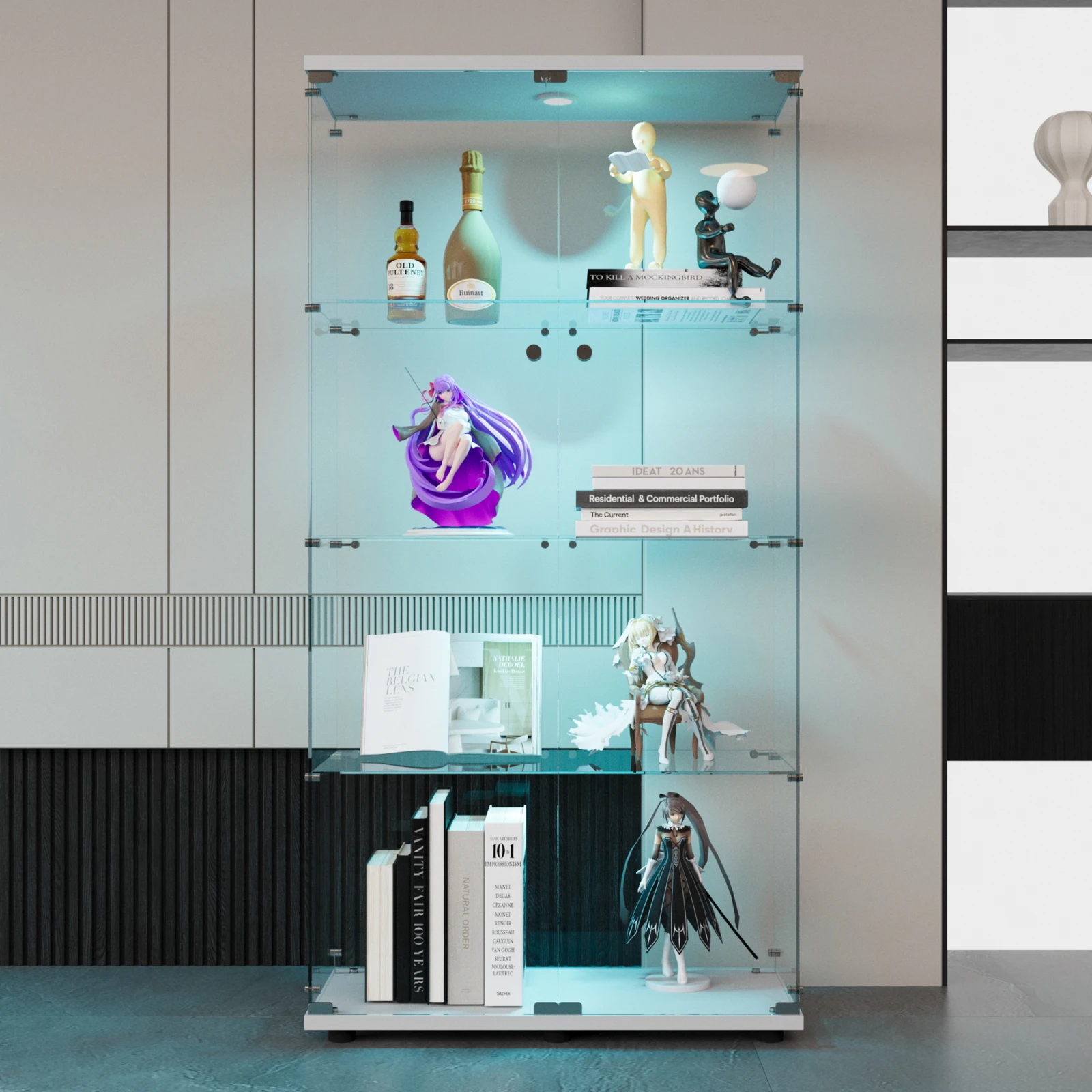 Rosahqnda armário de exibição de vidro para coleção 4 andares armário de exibição de móveis transparentes armário de exibição de vidro estatueta armário de vidro sala de estar bar