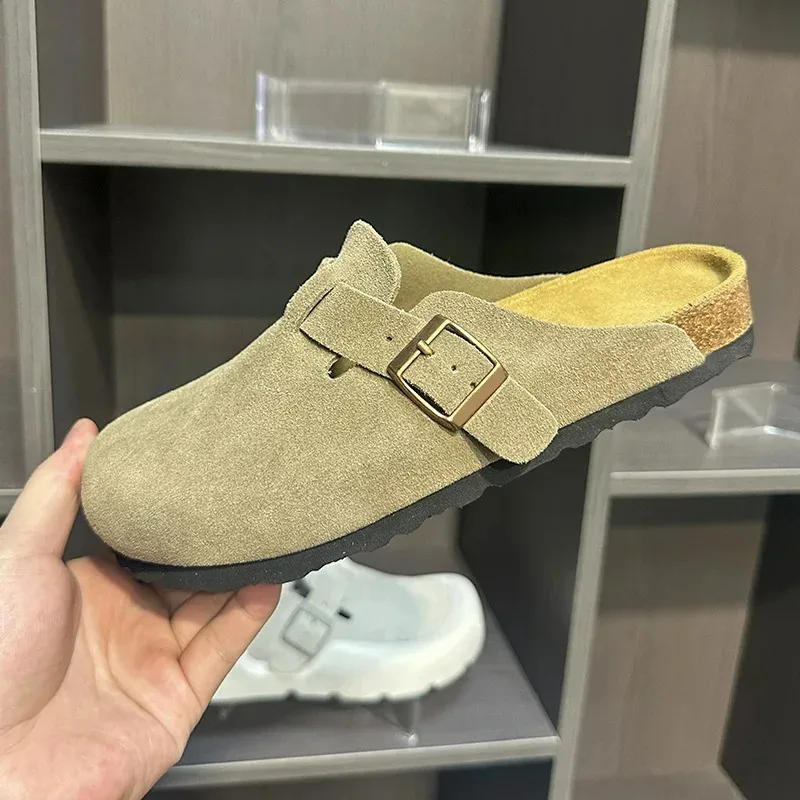 Sandalen mit Fußbett aus echtem Leder und Korken, Unisex-Slip-Ons für Outdoor-/Street-Style, bequeme Sohle