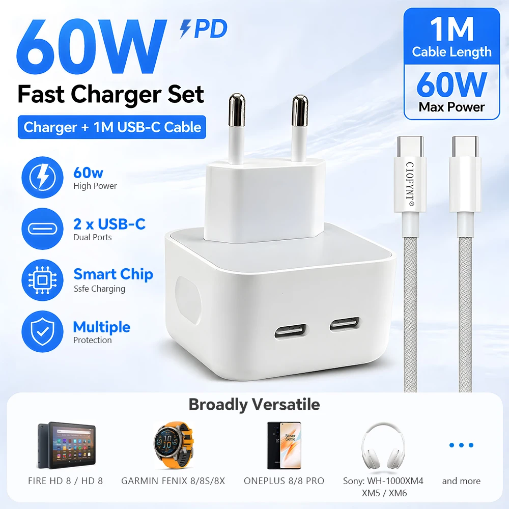 CIOFYNT 35W Dual USB-C PD Fast Charger EU Plug, 2-Port PPS Fast Wall Charging Adapter For iPhone Samsung Android Phones Tablet