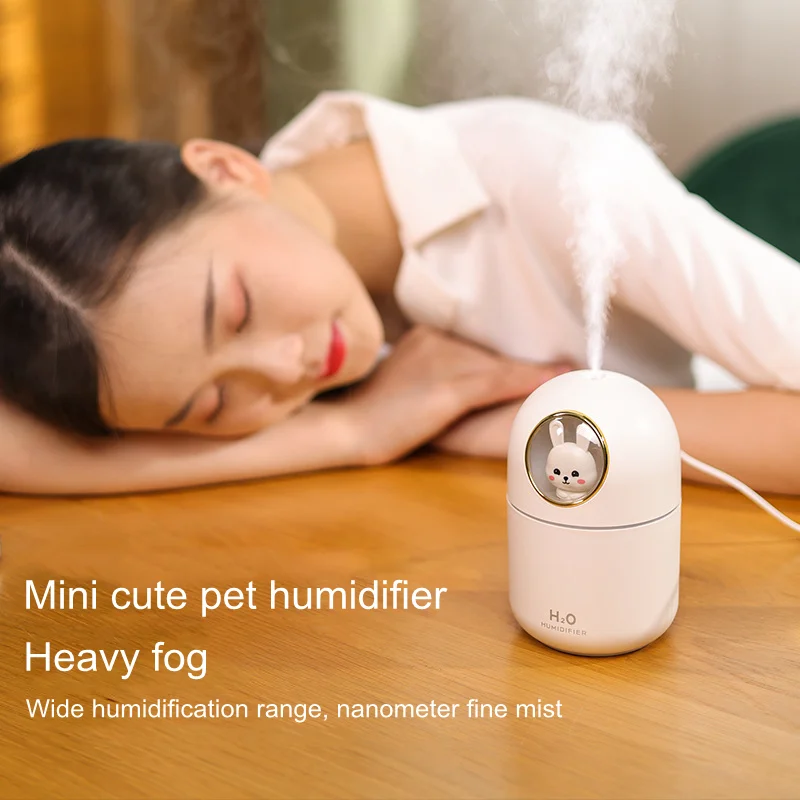 300ML Cute Air Humidifier USB Ultrasonic For Home Hedroom Aroma Diffuser Silent Heavy Fog with Colorful Light Mini Humidificador