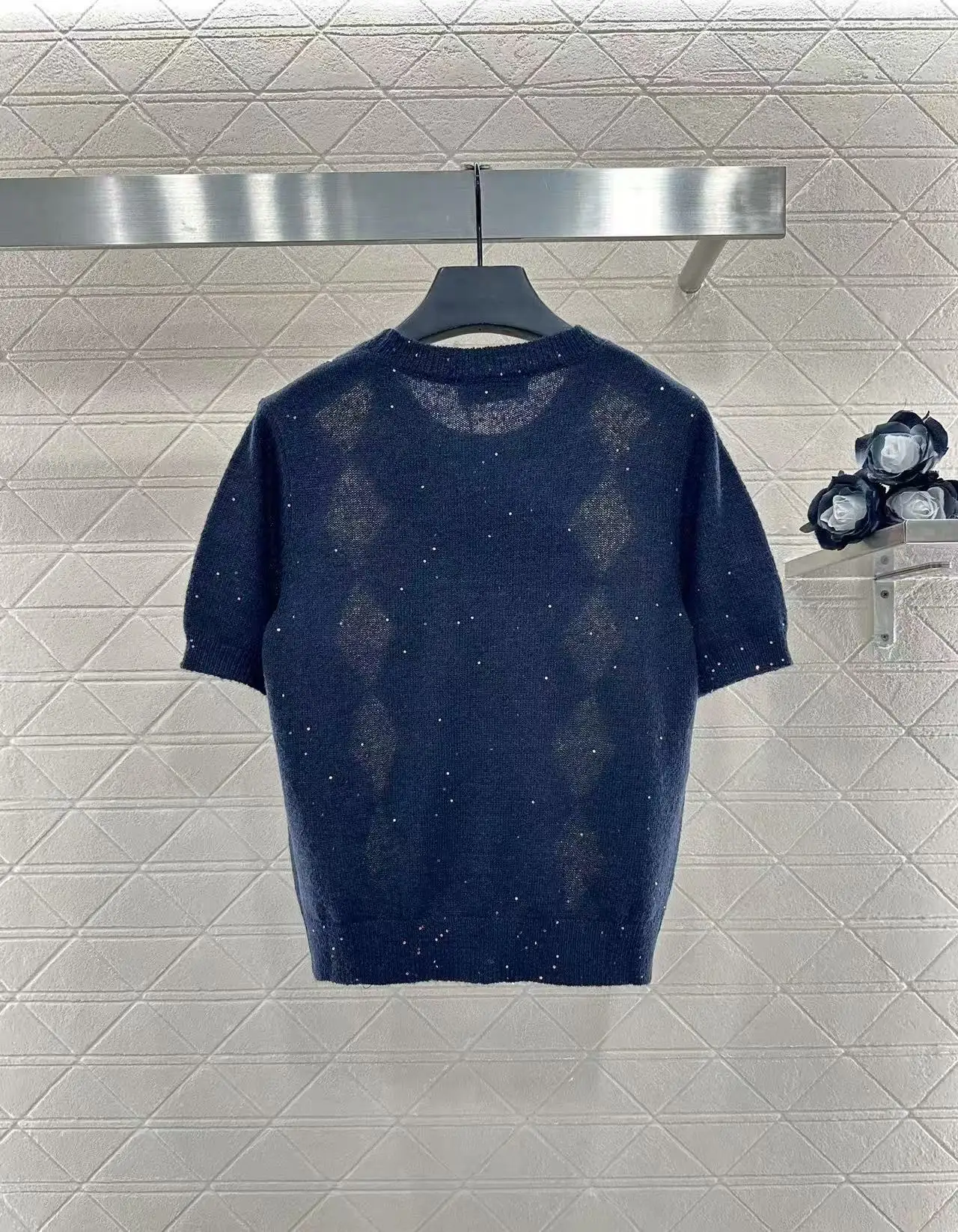 

2025 Diamond-shaped sequined knitted short-sleeved shirt