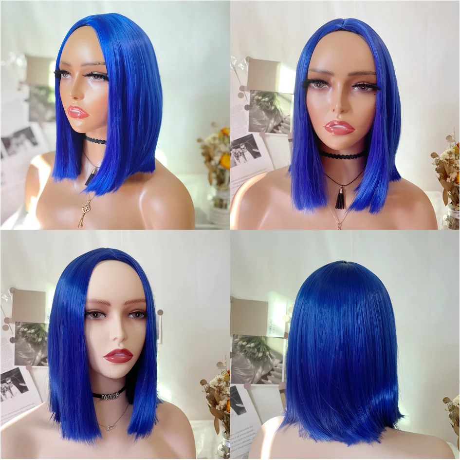 WIGERA  Synthetic Cheap Dark Bright Blue Short Straight Bob Hair Natural Color Wigs For Women  Party Daily Cosplay Halloween Use