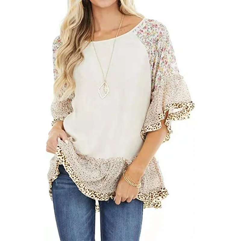 Elegant Fashion Print Spliced Chiffon Blouse Woman Clothing 2024 New Office Lady O-Neck Ruffles Half Sleeve Loose Oversize Shirt