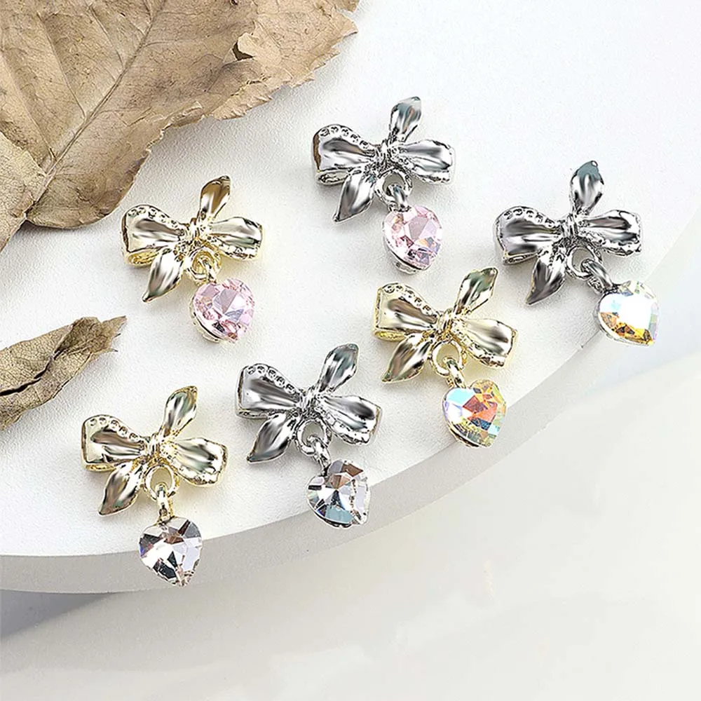 10Pcs New Bow Pendant Nail Art Charms 3D Alloy Bowknot Heart Crystal Metal Nail Decoration Light Luxury DIY Nail Accessories