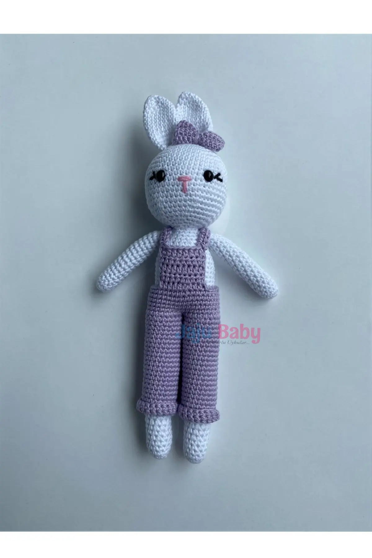 Handmade Amigurumi Purple Rabbit 29 cm Rattle and Pacifier Chain Set of Three