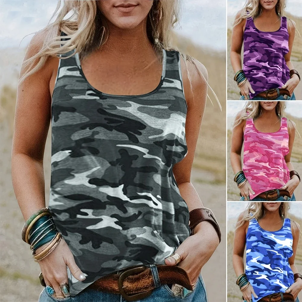 Kamuflażowy nadruk O Neck Lady Kamizelki Podstawowe elastyczne podkoszulki Casual Vintage Bez rękawów Camisole Odzież damska Lato 2024 Trend — zdjęcie 2