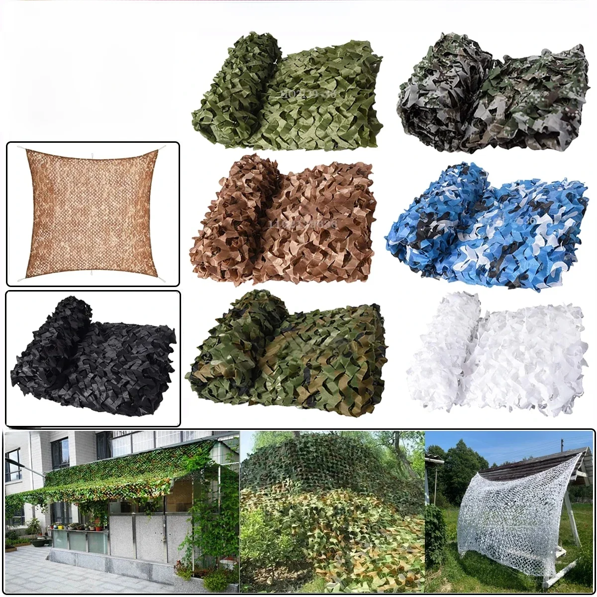 Filet de camouflage militaire, filet de camouflage pour chasse, gazebo de jardin, auvent de voiture, blanc, vert, noir, couleur du désert de la jungle