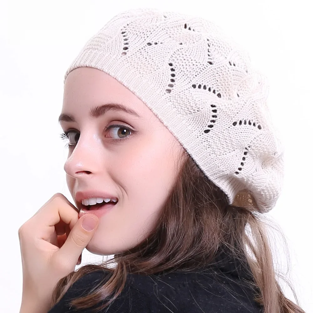 Geebro Damski beret z dzianiny w jednolitym kolorze Damskie berety francuskiego artysty Berety Wiosna Casual Cienkie akrylowe berety dla kobiet — zdjęcie 2
