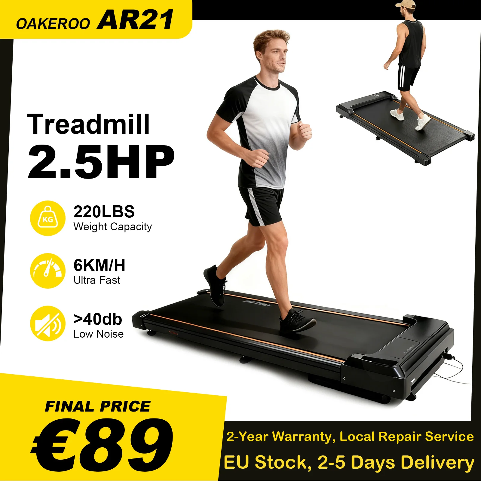 Oakeroo AR21 Tapis roulant piatto 2.5HP 6KM/H Macchina da passeggio Silenzioso antiscivolo Ammortizzante Home Office Sotto la scrivania Tapis roulant Fitness