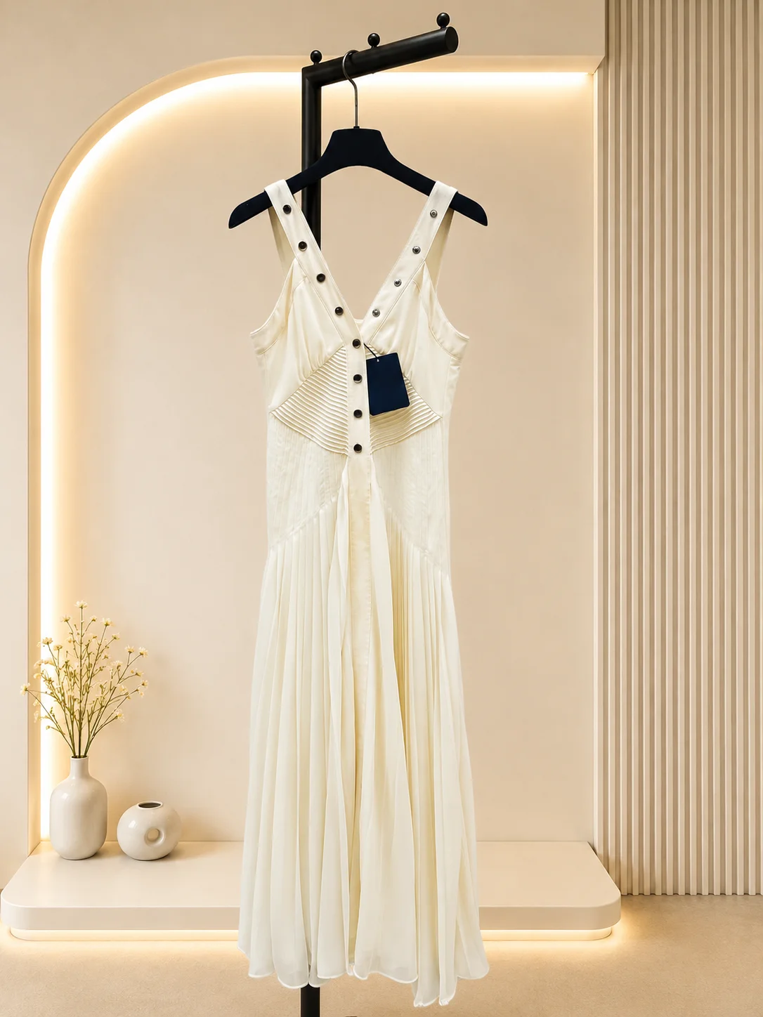 Vestido de mujer 2026 de tela fluida con tirantes, falda maxi, pliegues en el pecho, botón frontal con remache metálico en el hombro y bajo con vuelo.