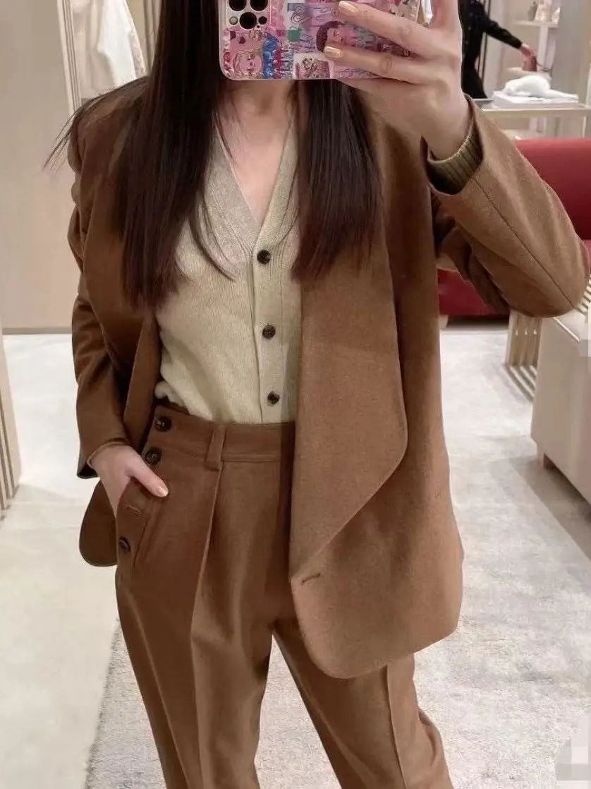 

Autumn solid color women's wool blended pants suit