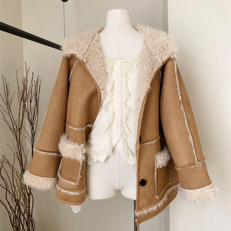 

Vintage Jacket Women Stitching Coat Autumn Winter New Fur One-Piece Jackets Hooded Female Tops