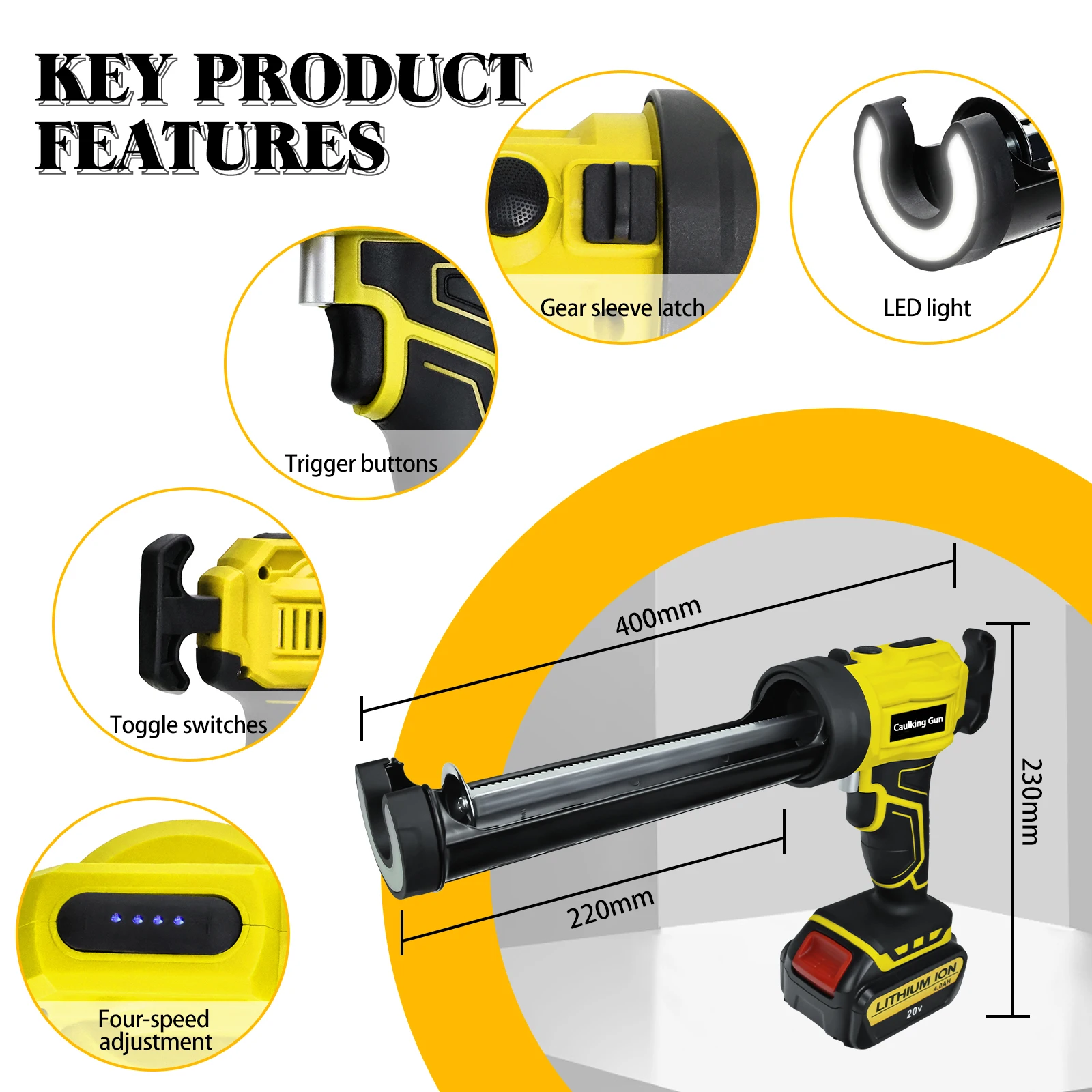 Pistola de calafateo inalámbrica, 4 velocidades ajustables con luz LED, pistola de pegamento de vidrio eléctrica, pistola de silicona para Batería Dewalt 20V (sin batería)