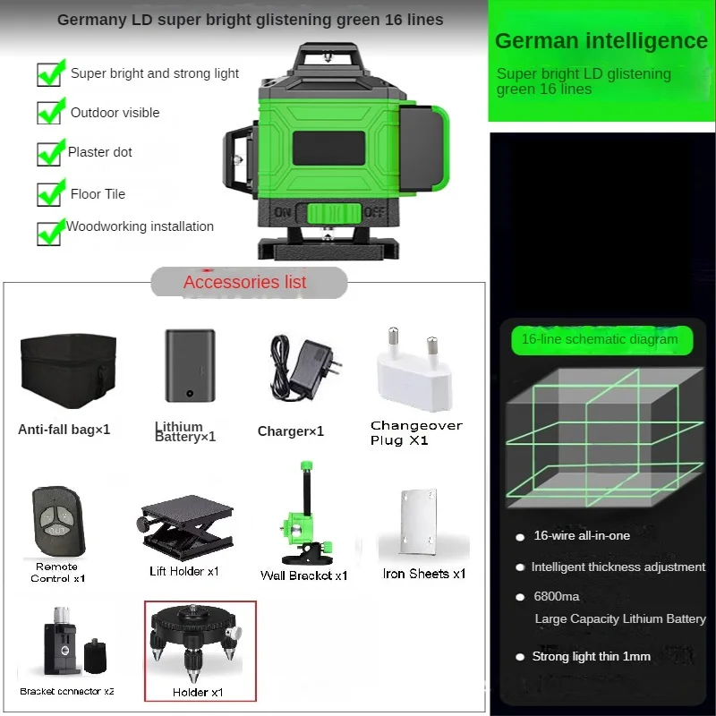 16 Line Poziomica laserowa 4D zielona 16 linii 360° °   Samopoziomujący, ładowany przez USB, precyzyjny laserowy przyrząd do poziomowania w poziomie i w pionie do prac budowlanych i układania płytek.