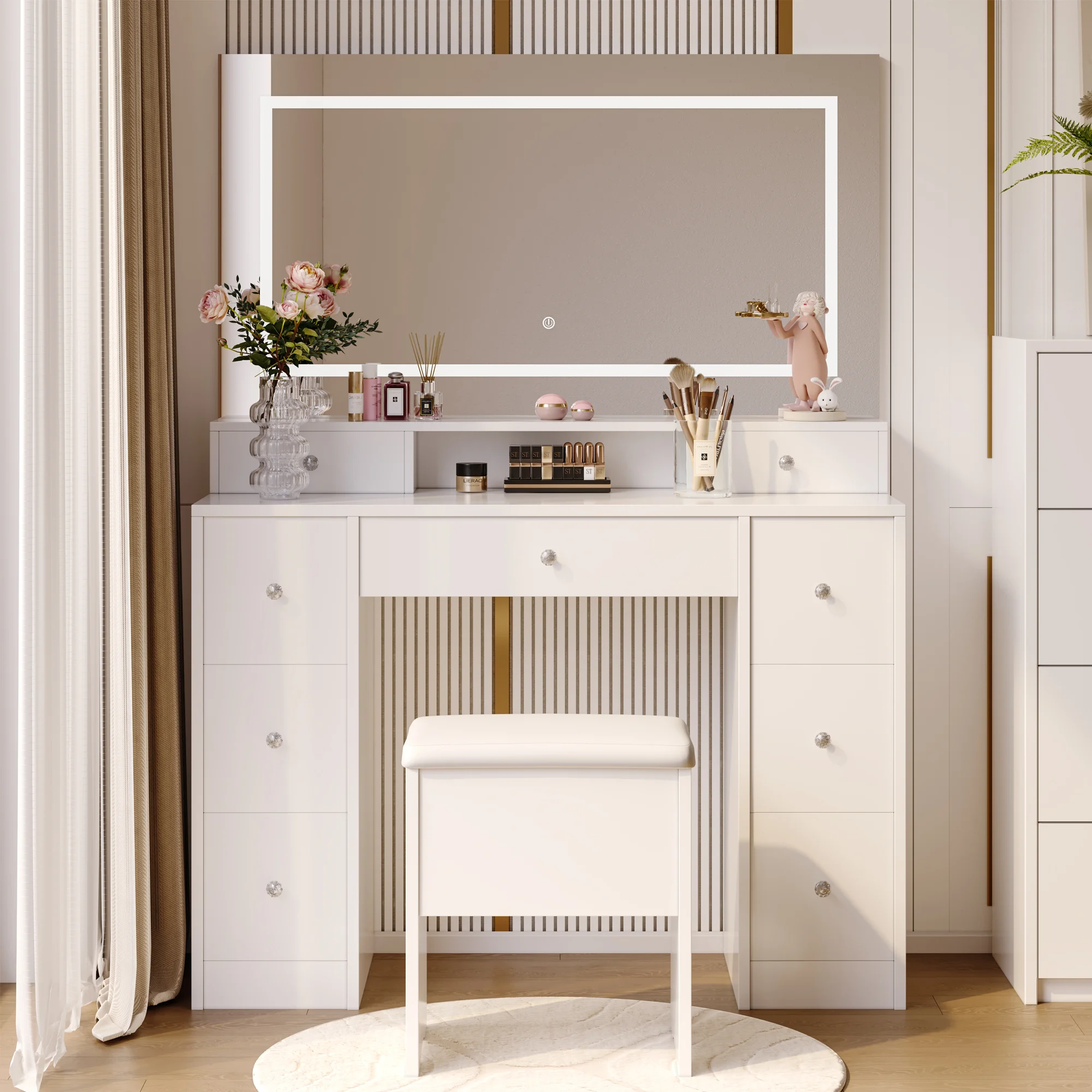 Schminktisch mit LED-Beleuchtung und Hocker, Frisiertisch mit verstellbarem LED-Spiegel, 9 Schubladen und 1 offenes Regal, 110 x 40 x 150 cm
