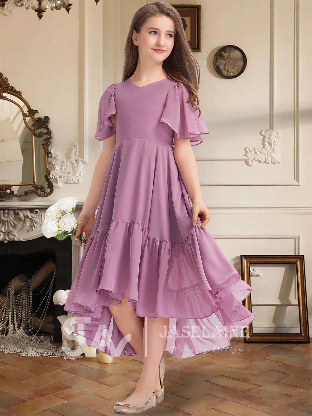DF Kids Child A Line V Neck Asymmetrical Chiffon Junior Bridesmaid Dress With Flutter Sleeve Flower Girl Dress For Wedding Party