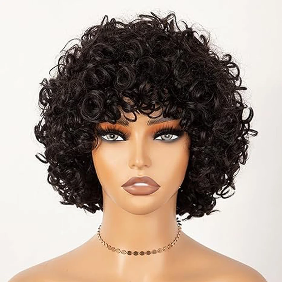 Brazilian Remy 100% Human Hair Bouncy Curly Bob With Bangs For Women Machine Made Wigs 250% Density Bob Wigs Natural Color