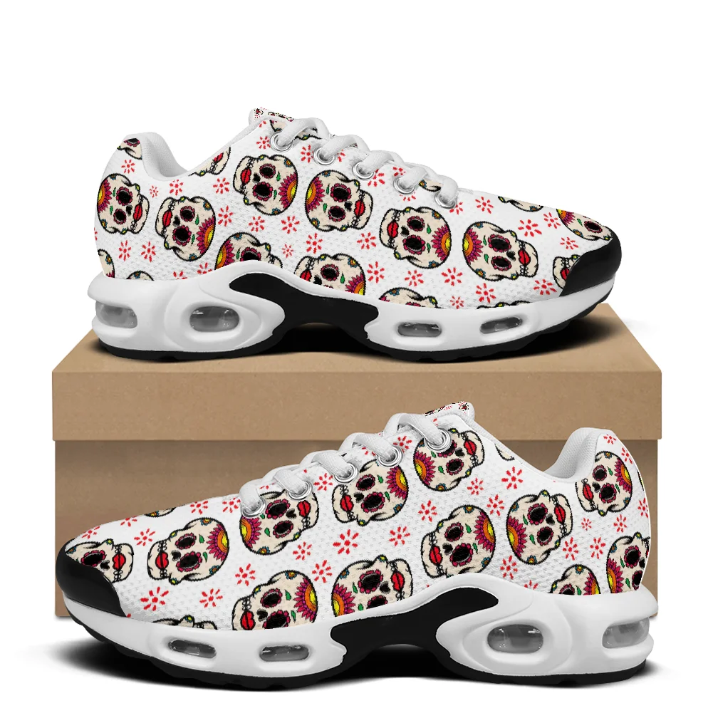 

Red and white skull print casual air-cushioned shoes breathable mesh upper athletic sneakers for man and woman