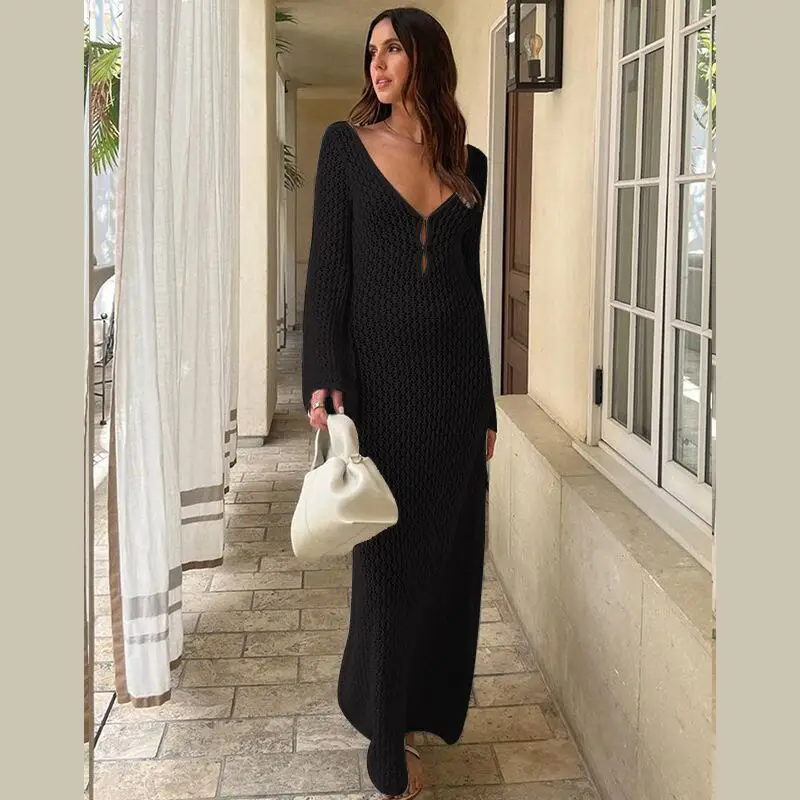 Women See Through Knitted Beach Dresses Summer Autumn V-neck Long Sleeve Elegant Long Dress Hollow Out Bikinis Cover Up Robe