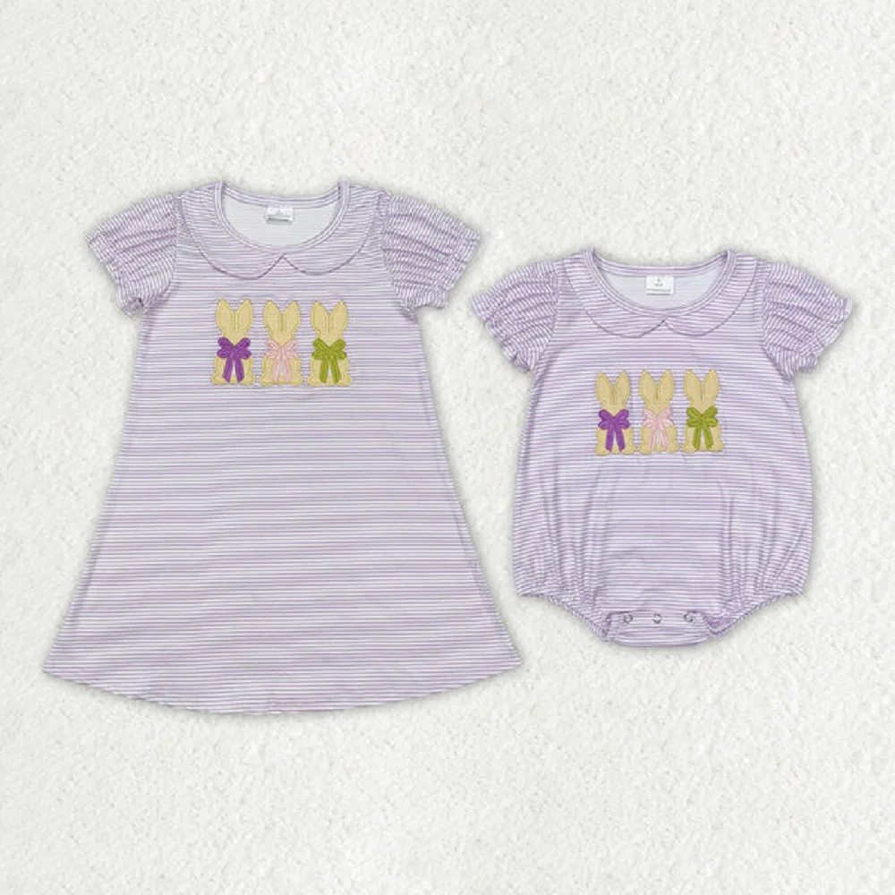 

New Summer Cute Fashion Sibling Baby Girls Lavender Stripes Bunny Rompers Dresses Wholesale Boutique Kids Clothes Set