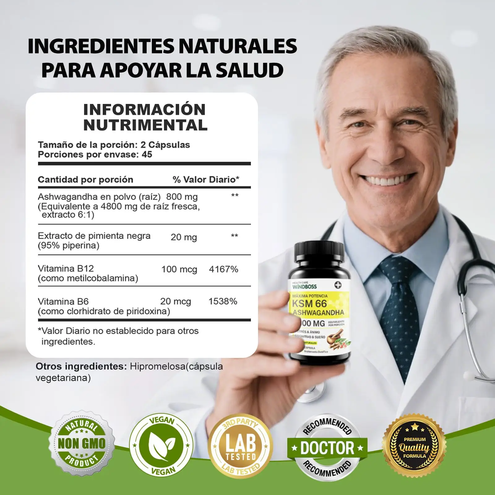 كبسولات Windboss Ashwagandha Ksm-66 4800Mg، مكمل Ashwagandha العضوي، خالي من الغلوتين، غير Gmo، نباتي، مع فلفل أسود لامتصاص أفضل، ودعم النوم - 90 كبسولة