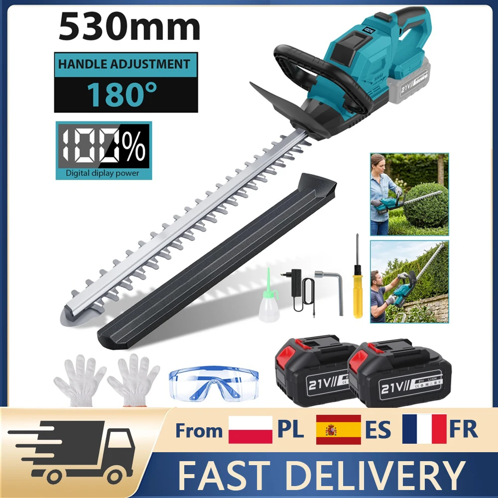 Taille-haie électrique sans fil 650W 3000 tr/min, scie de taille-haie, tondeuse à gazon avec 2 batteries, 180° °   Coupe-herbe électrique à tête réglable et double lame de 530 mm, outils de jardinage
