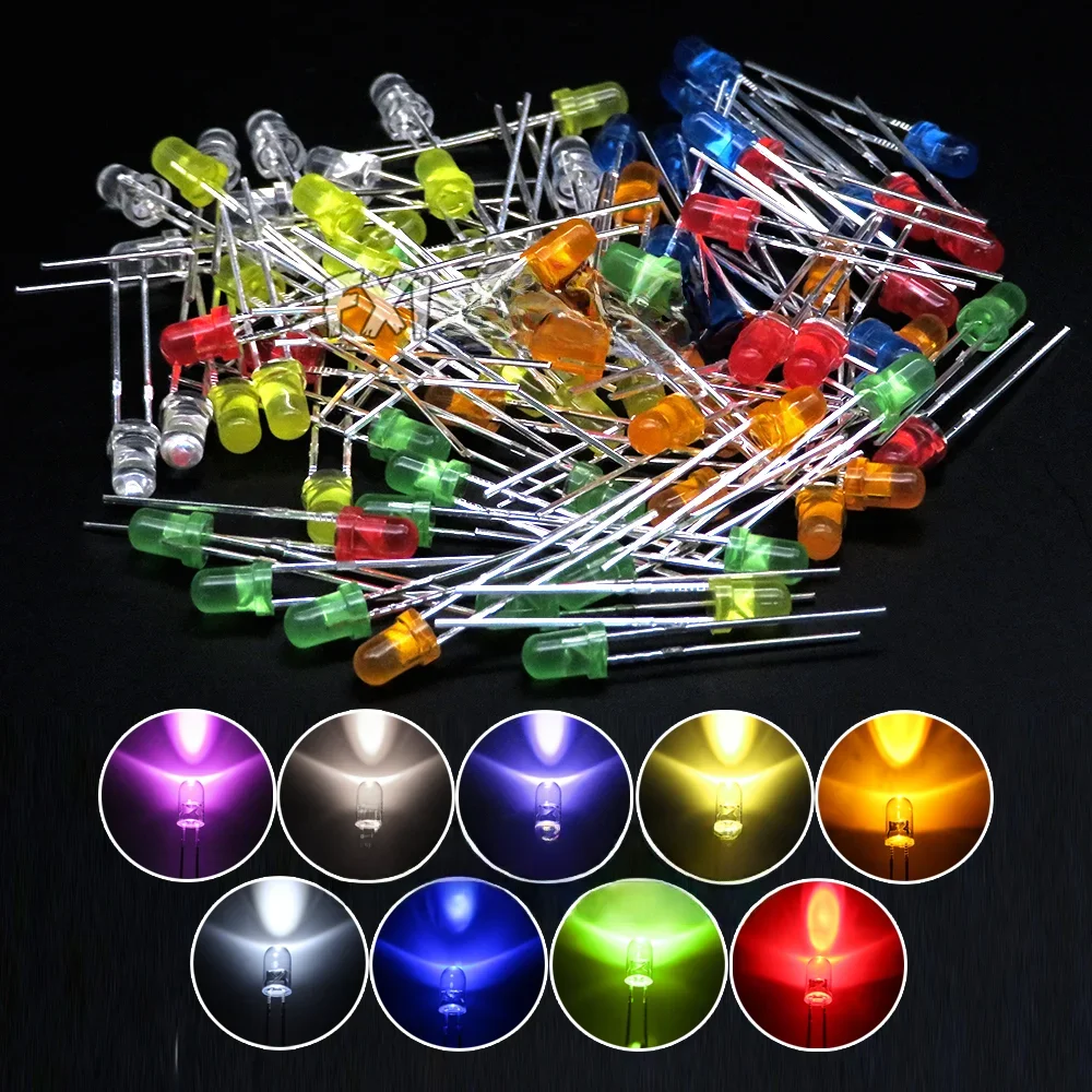 100PCS F3 LED Diode 3MM Sortiertes Kit Weiß Grün Rot Blau Gelb Orange Rosa Lila Warmweiß DIY Kit Leuchtdiode bxv