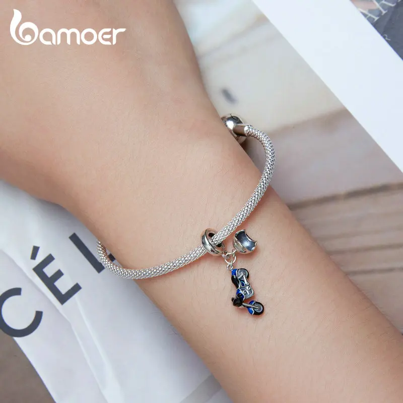 Bamoer 925 Silver Sterling Blue Motorcycle Charm Bead Fashion Helmet Pendant For Women DIY Bracelet Necklace Fine Jewelry Gifts