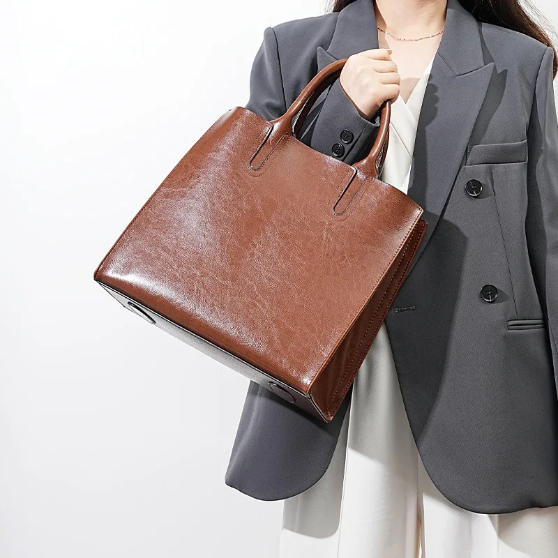 Zency Soft Retro Oil Wax Leather Handbag Women\'s Tote Bags Large Capacity Composite Bag Commute Crossbody Shoulder Bag Satchel
