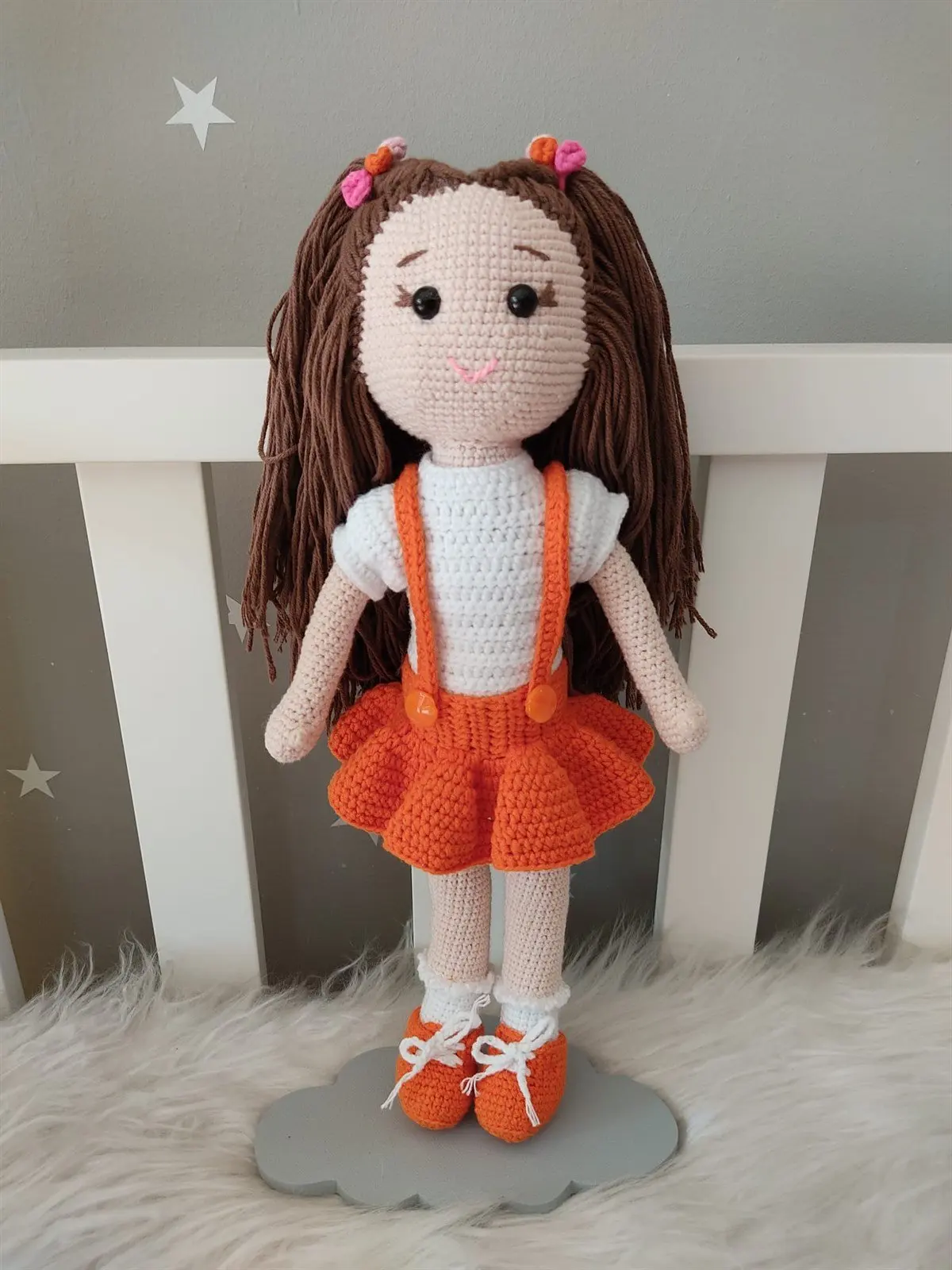 

Handmade Long Hair Orange Girl Amigurumi Toy 40 cm