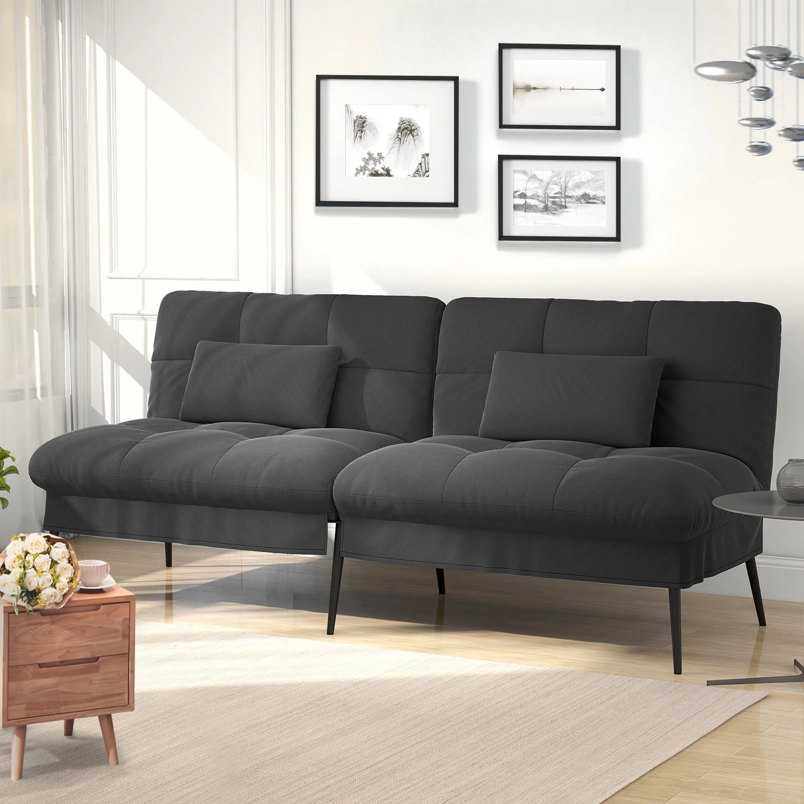 COMHOMA Schlafsofa mit Schlaffunktion, Futonbezug ausklappbar, Ecksofa, Gästesofa 3-Sitzer mit Verstellbarer Rückenlehne, Stoff – Detail 1
