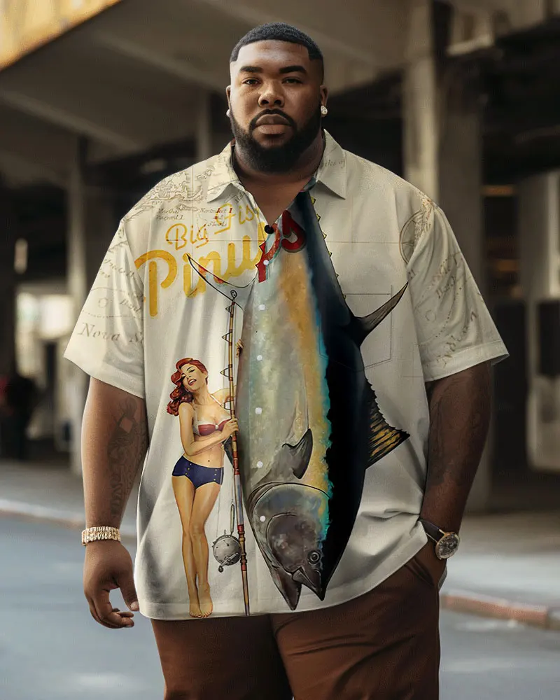 Biggmans (L-9XL)For Men\'s Plus Size Shirt Oil Painting Life Tree Print Short Sleeved Oversized Men\'s Shirt