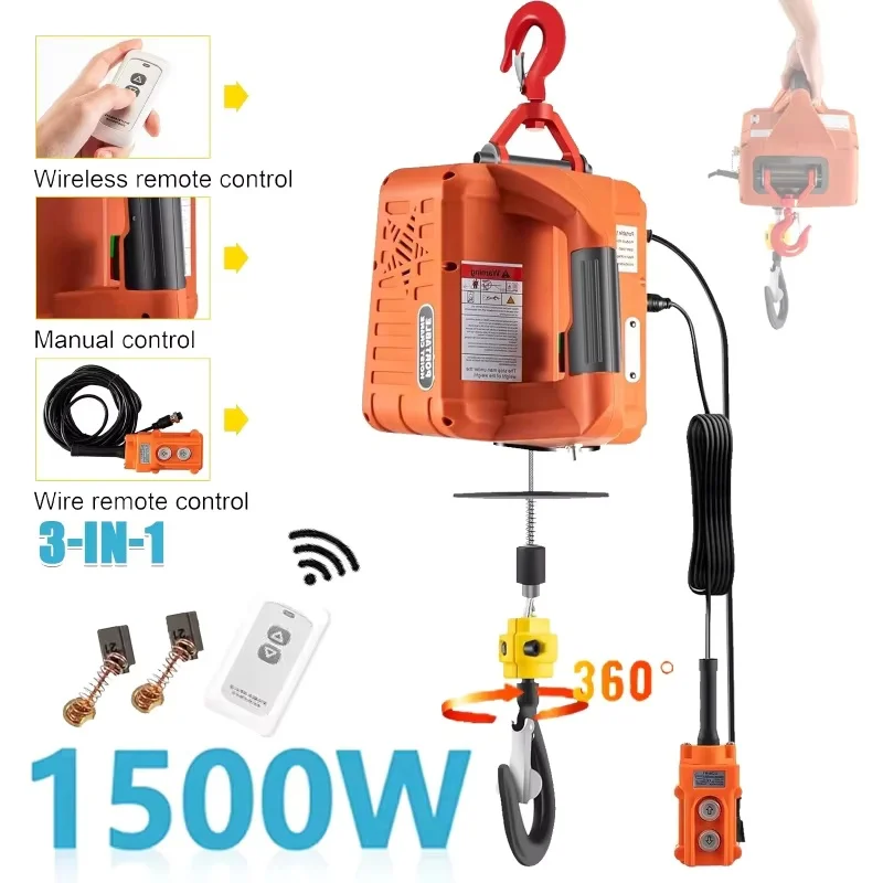 Treuil électrique 3 en 1 1500W, capacité de 500KG, grue de treuil électrique Portable avec télécommande sans fil pour la Protection contre les surcharges