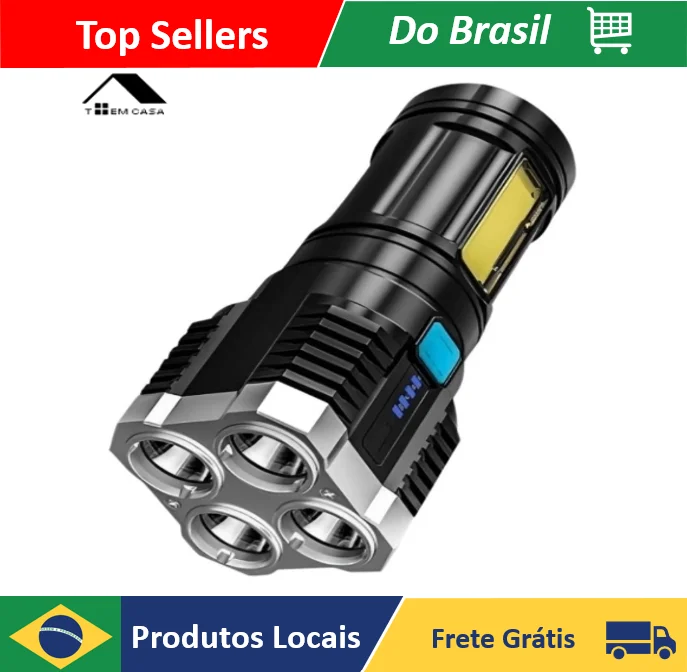 Lanterna LED à Prova d'Água 4 Núcleos Potente Recarregável via USB - Loja Toemcasa