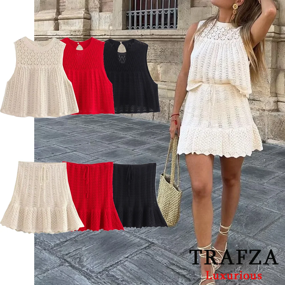 TRAFZA Casual Knit Women Sets O Neck Sleeveless Loose Sweater+High Waist Ruffles Mini Skirts Hollow Out Fashion 2024 Autumn Sets