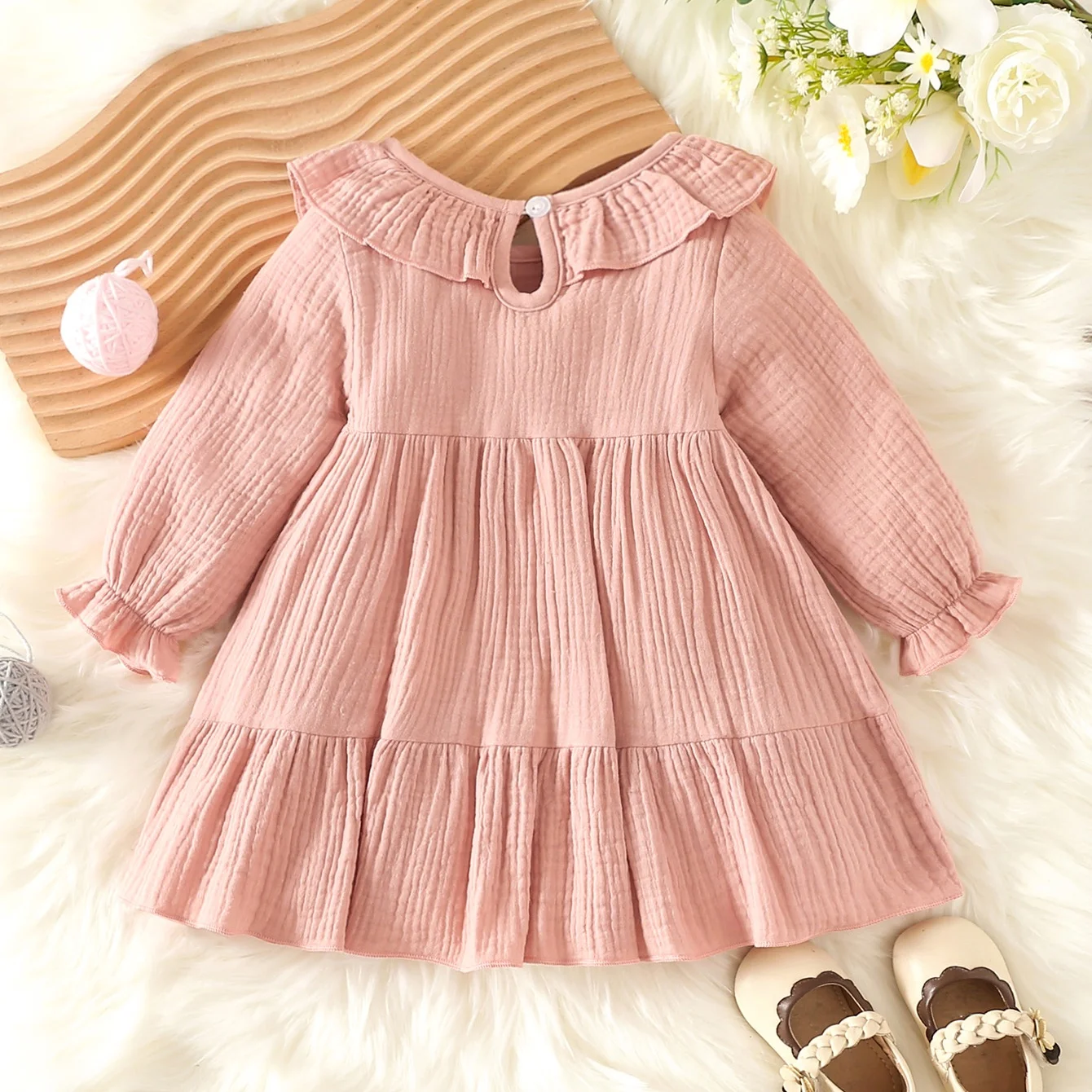 Baby Girl Linen Dress Comfortable Natural Style Long Sleeved One Piece Flounce Dress