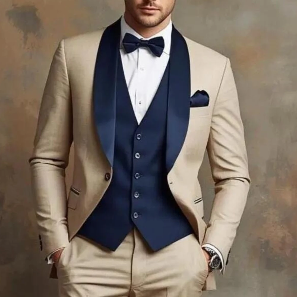 

Champagne And Navy Blue Men Suit Wedding Party Formal Groom Groomsman Prom Business Male Tuxedos 3 Piece Set Jacket Vest Pants