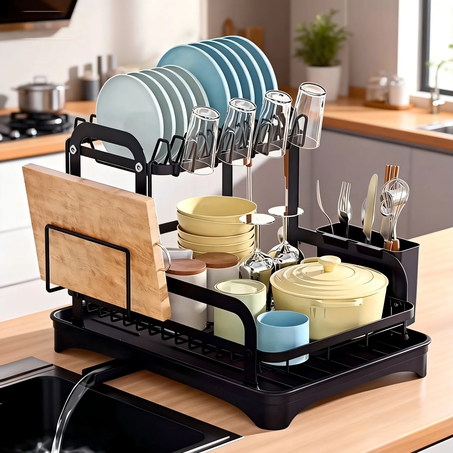 Égouttoir à vaisselle à 2 niveaux avec égouttoir, support de rangement de vaisselle domestique, évier en acier au carbone, organisateur de cuisine avec porte-couverts