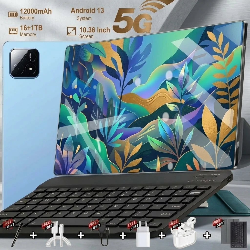 Tableta PC Android 13 5G de 10.36 Pulgadas, 10 Núcleos, 16 GB de RAM + 1 TB de ROM, 12000 mAh, Cámara Dual, Doble SIM, Google Play