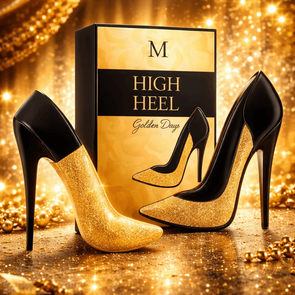 High Heel Golden Days 90ml - Montage Brands. Glamouröses Amber-Floral-Eau de Parfum mit süßen Noten von Orangenblüte, elegantem Jasmin, warmem Kreuzkümmel, Zitrus und einer holzigen Basis.