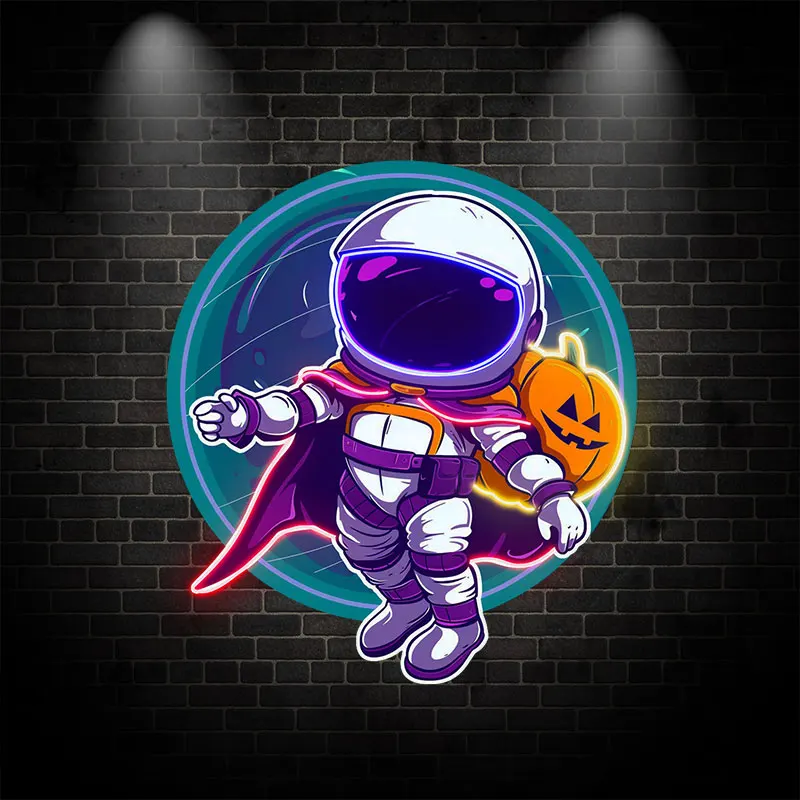 Astronaut and Pumpkin Good Friends LED Neon signs, Blue Glass Bubble Background Decoration Light, Creative Home Night Lights